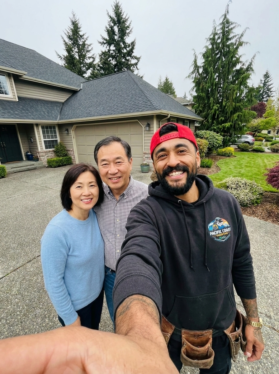 Pacific Coast Roofing crew member and homeowners smiling in a driveway after a roof replacement